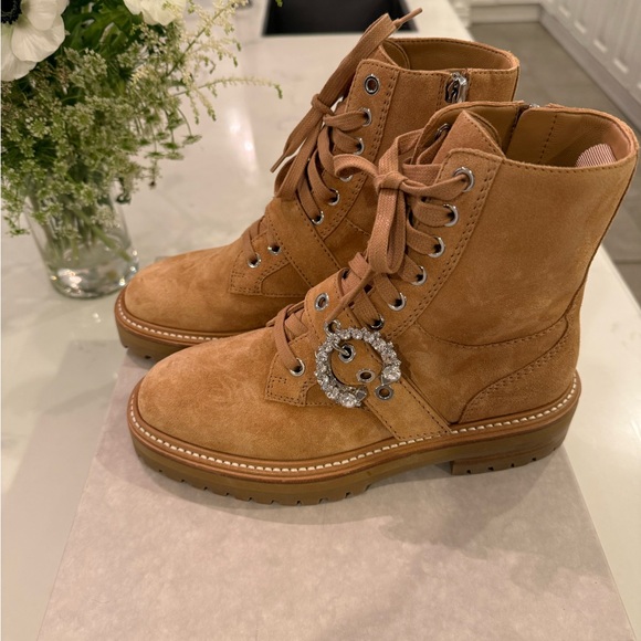Jimmy Choo Cora Caramel Suede Combat Boots with Crystal Buckle - Picture 6 of 8